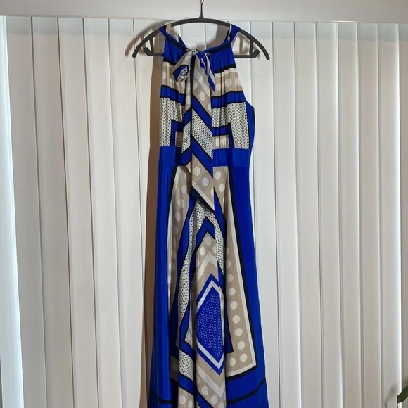 ELIZA J Blue Polka Dot Scarf Print Crepe de Chin Fit & Flare Halter Maxi Dress - Picture 9 of 12